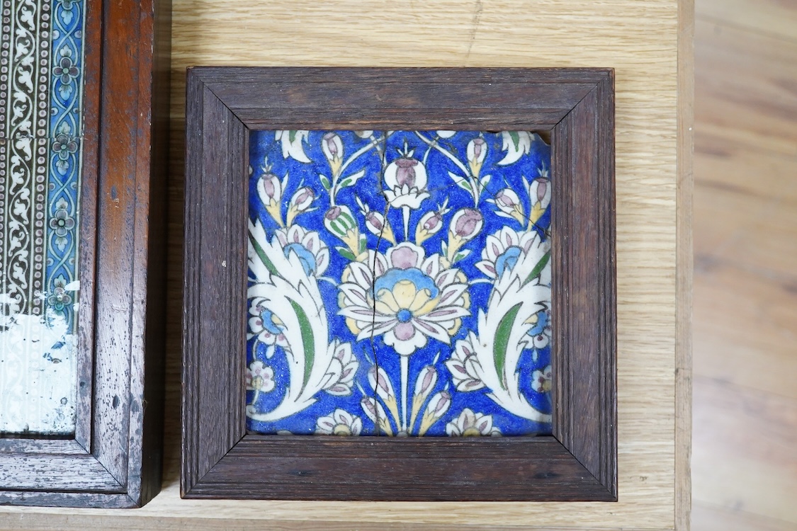 Four 18th/19th century Persian tiles, two depicting horses and riders and abstract flowers, three framed, largest 40 x 21cm